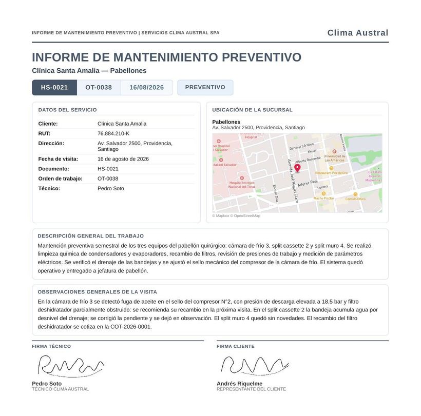 Informe de mantenimiento en PDF con la marca de la empresa